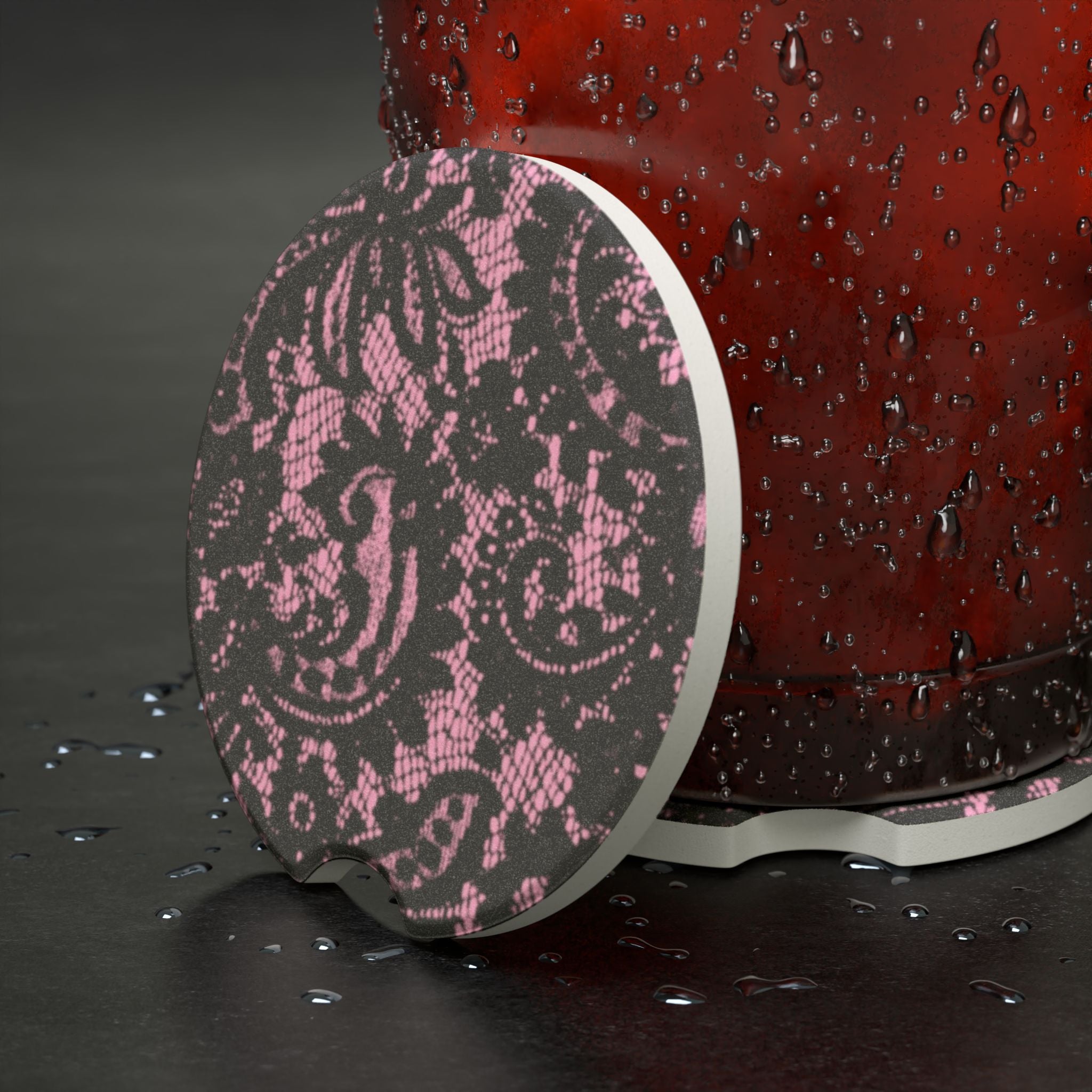 Lace Pink and Black Car Cupholder Coaster - Made of Soapstone