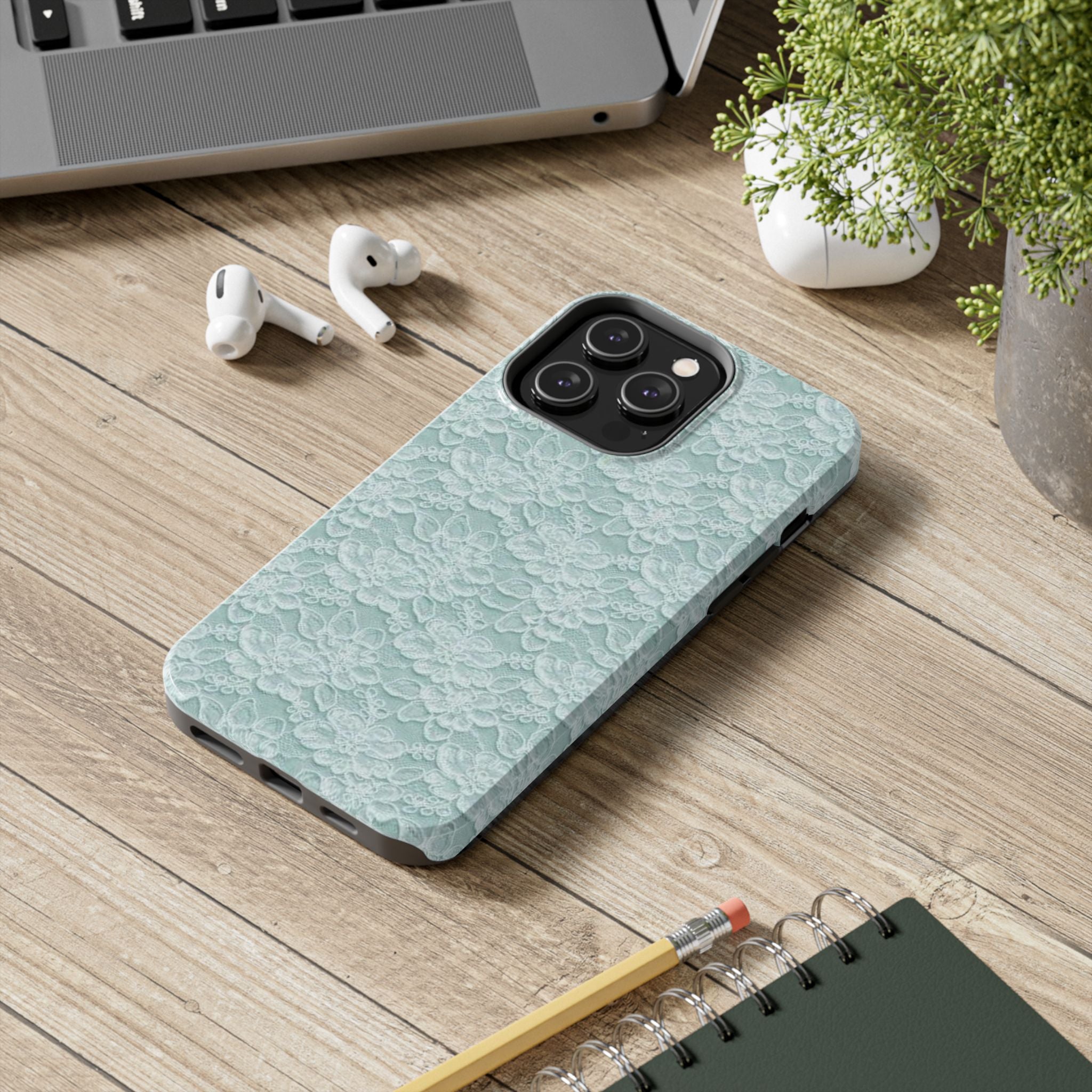 Teal Light Blue Lace Print Pattern Phone Case