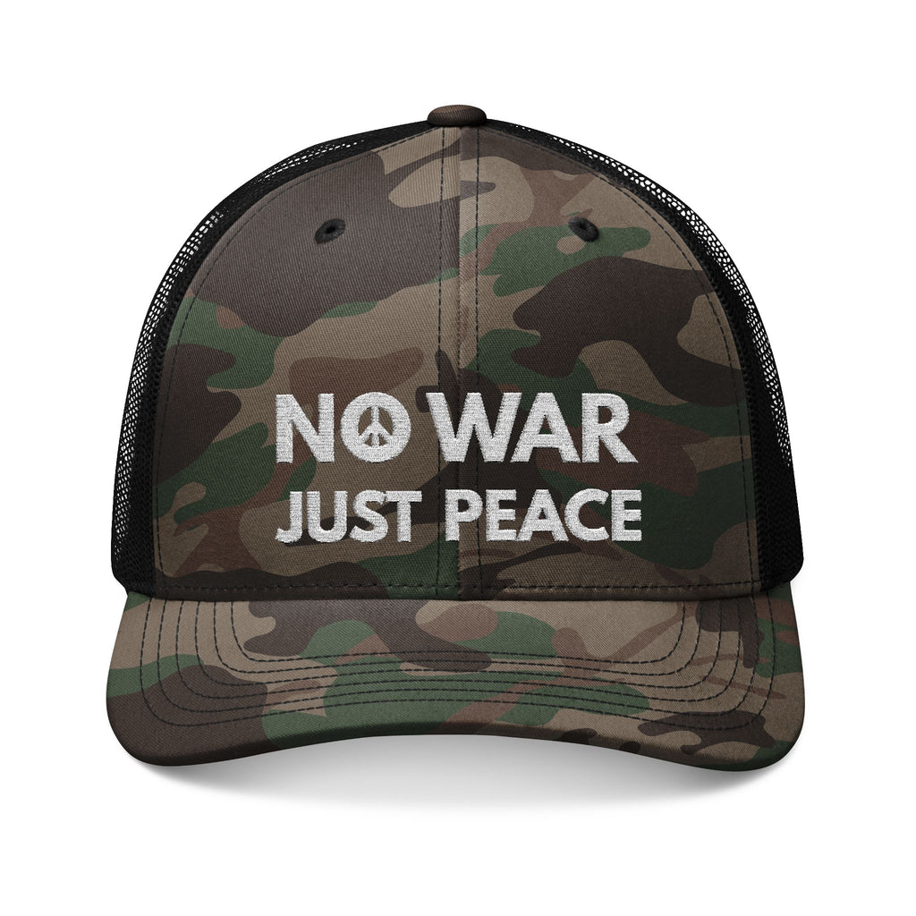 NO WAR JUST PEACE Camouflage Trucker Hat with Embroidery
