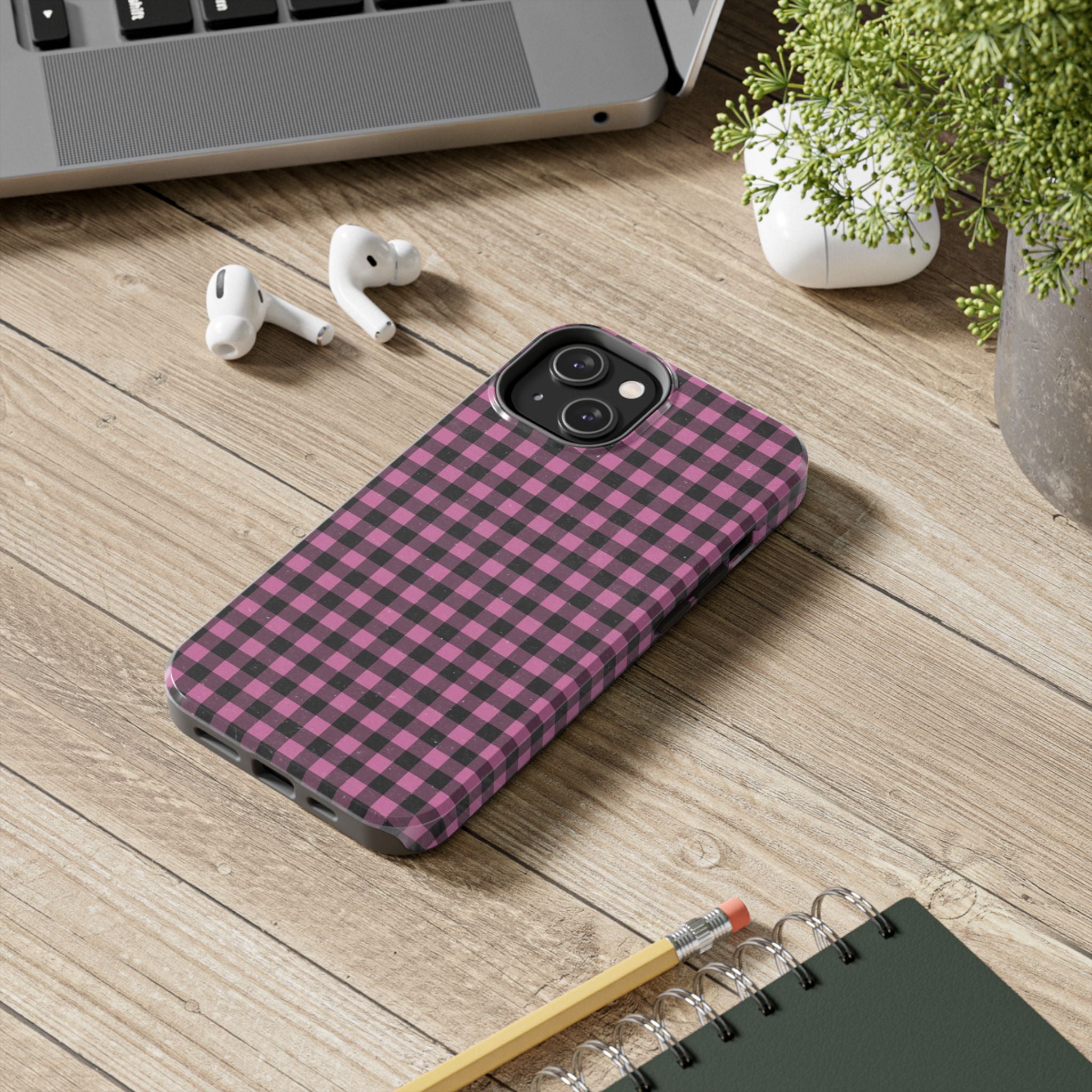 Pink and Black Faded Gingham Plaid Phone Case