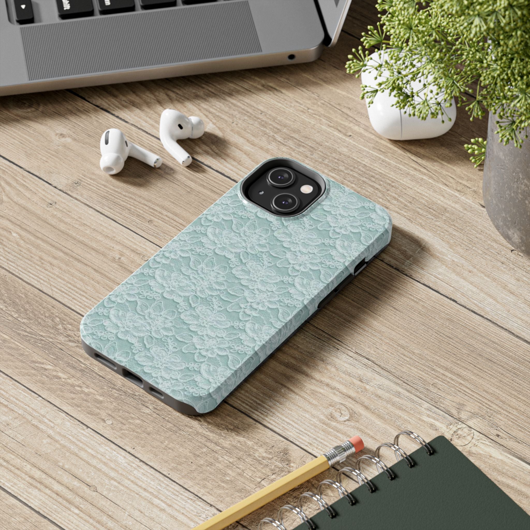 Teal Light Blue Lace Print Pattern Phone Case