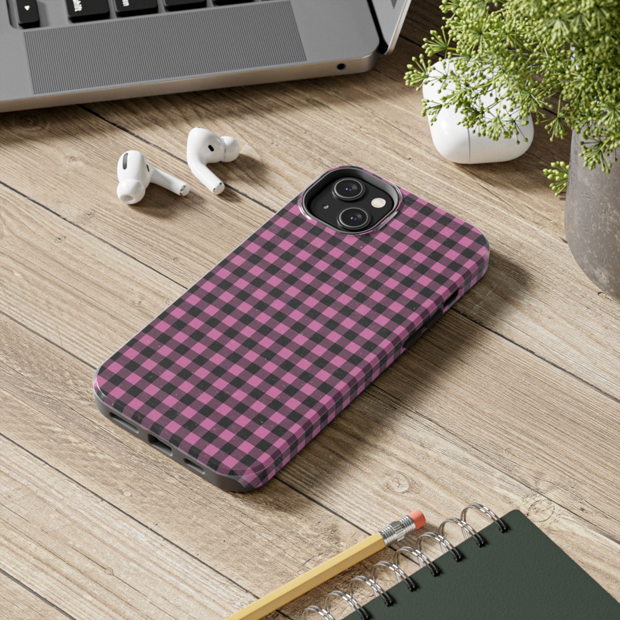 Pink and Black Faded Gingham Plaid Phone Case