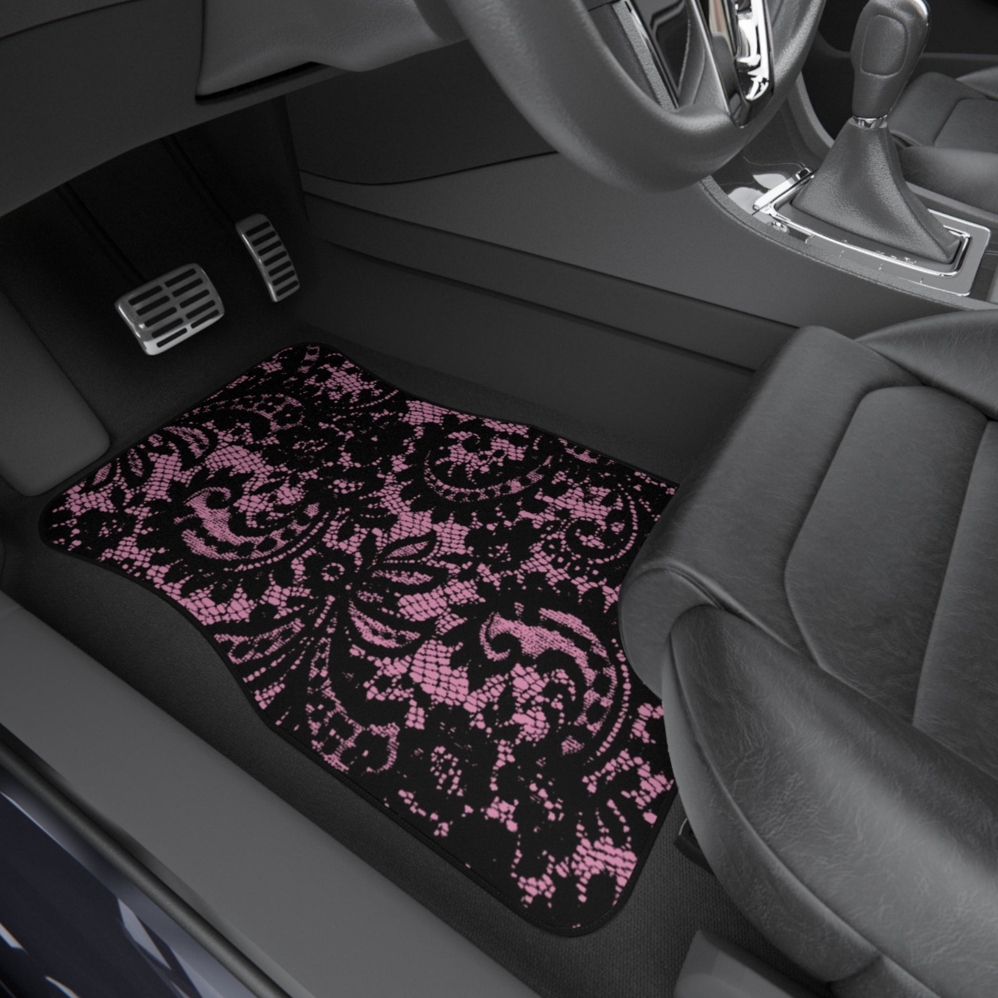 Lace Black and Pink Car Mats - Front Floor Mats Set of 2