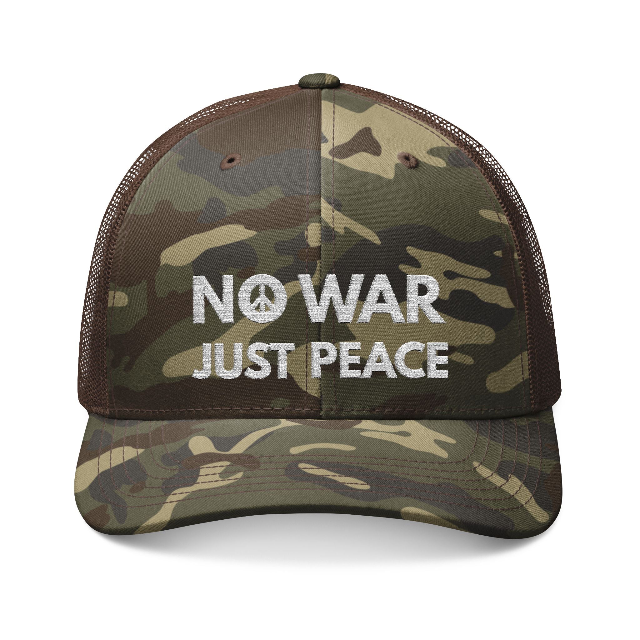 NO WAR JUST PEACE Camouflage Trucker Hat with Embroidery