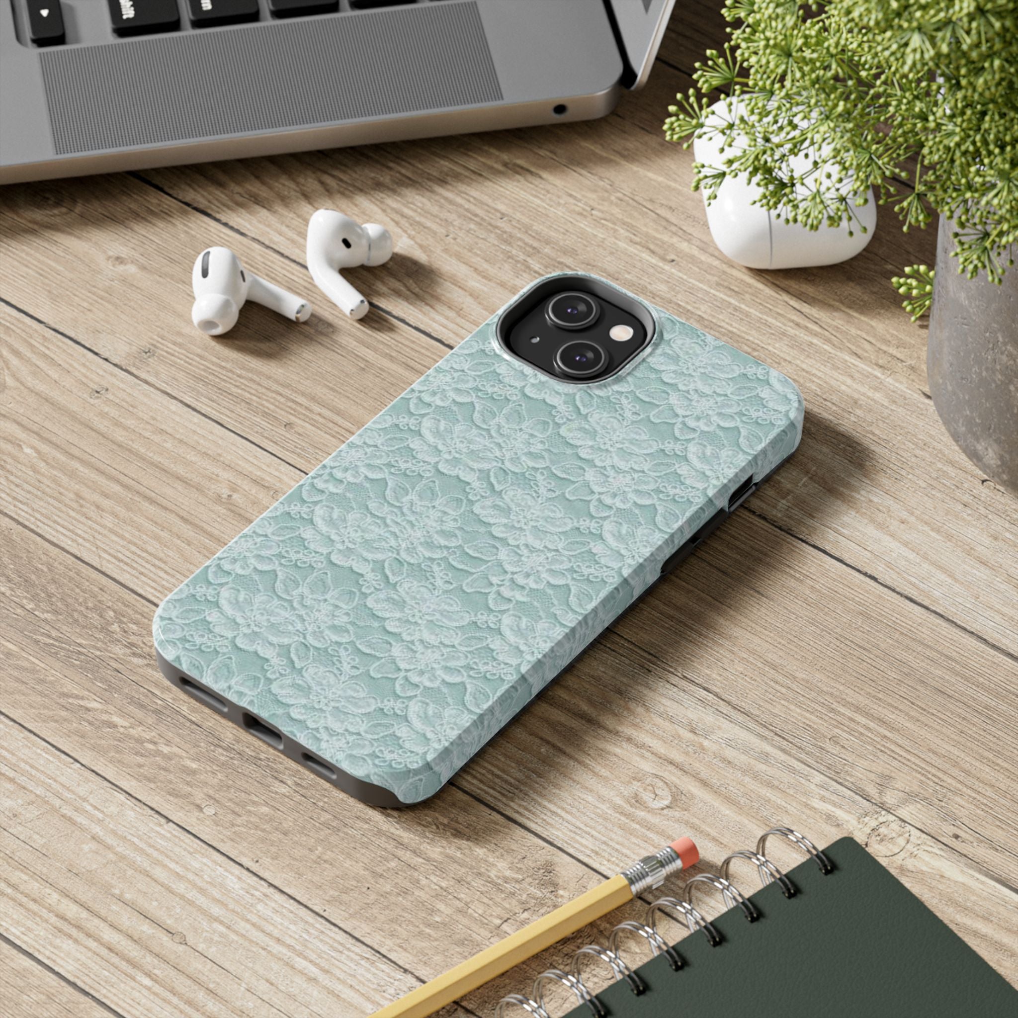 Teal Light Blue Lace Print Pattern Phone Case