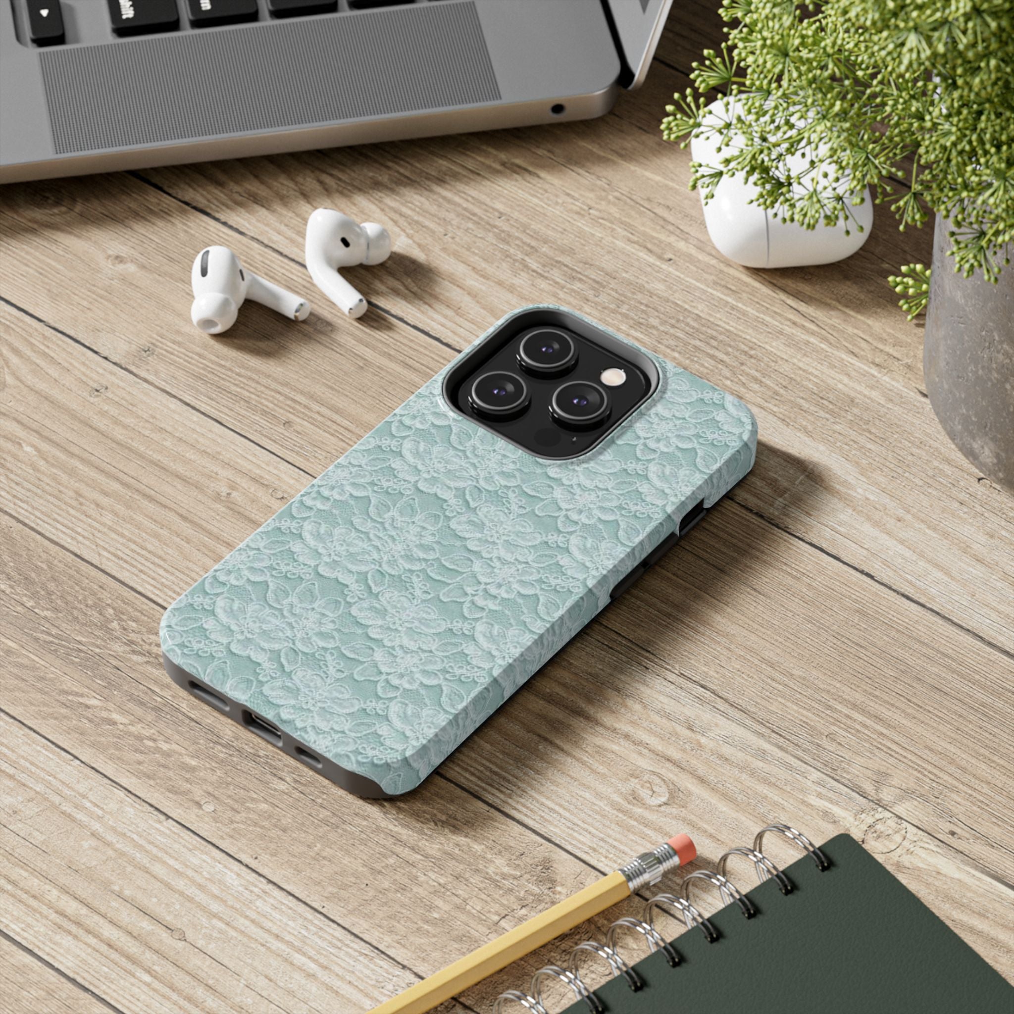 Teal Light Blue Lace Print Pattern Phone Case