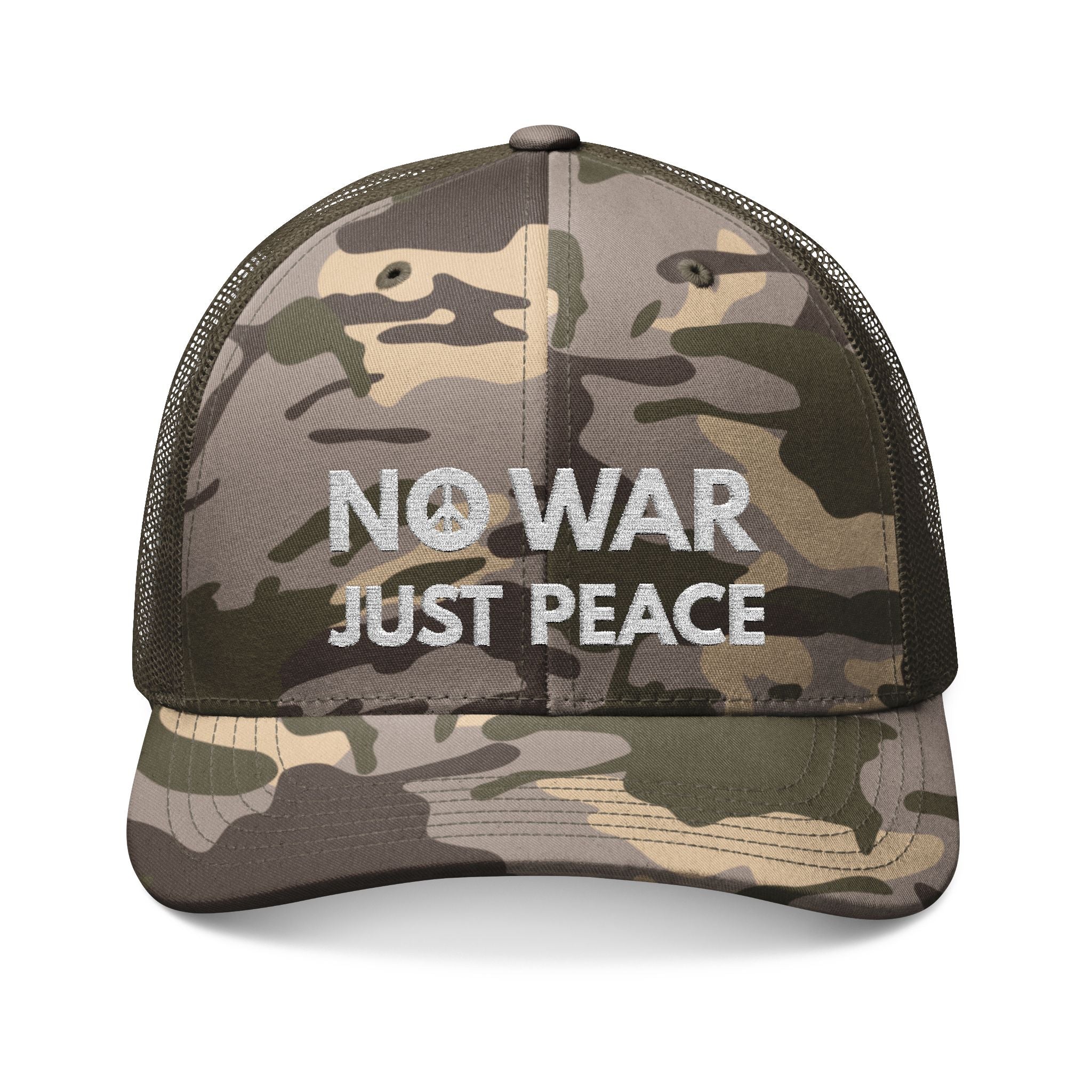 NO WAR JUST PEACE Camouflage Trucker Hat with Embroidery