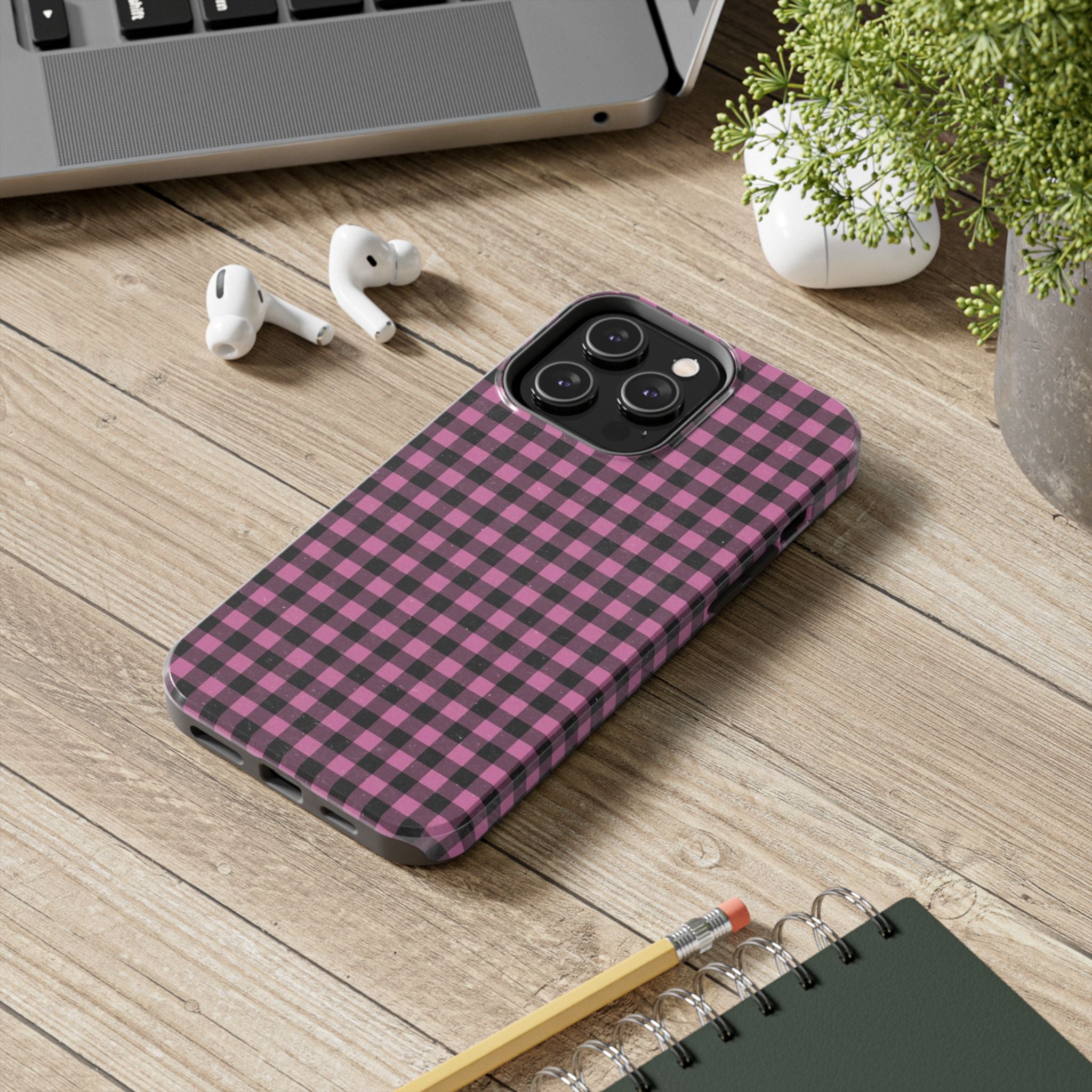 Pink and Black Faded Gingham Plaid Phone Case